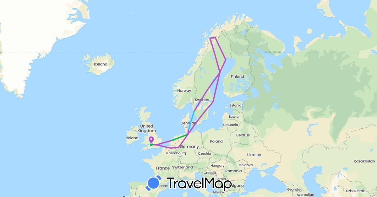 TravelMap itinerary: driving, bus, train, boat in Belgium, Germany, Denmark, United Kingdom, Netherlands, Norway, Sweden (Europe)
